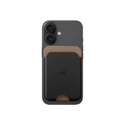 Black-Beige Leather MagSafe Card Wallet attached to the back of a black iPhone, shown on white