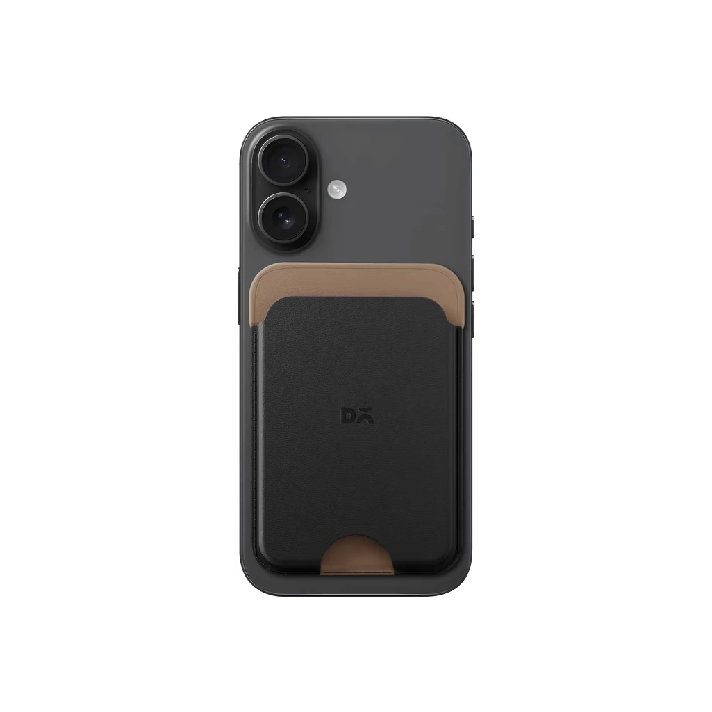 Black-Beige-Leather-MagSafe-Card-Wallet Black-Beige Leather MagSafe Card Wallet attached to the back of a black iPhone, shown on white
