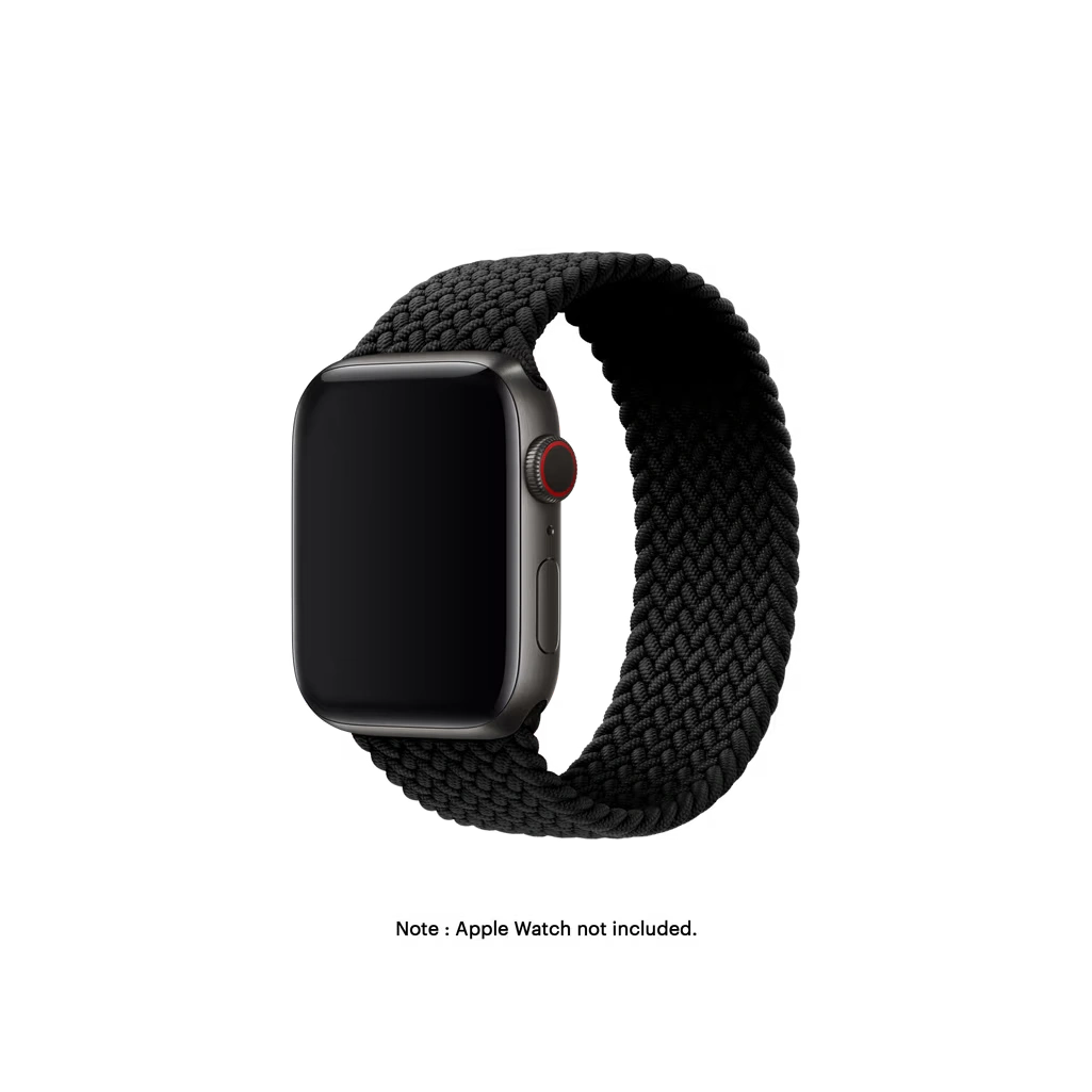 Black-Braided-Solo-Loop-Apple-WatchBand-vw Black Braided Solo Loop Apple Watch band fitted to an Apple Watch, shown on white — fits 38/40/41 mm cases, watch not included