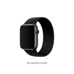 Black Braided Solo Loop Apple Watch band fitted to an Apple Watch, shown on white — fits 42/44/45/49 mm cases, watch not included