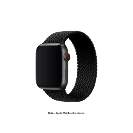 Black Braided Solo Loop Apple Watch band fitted to an Apple Watch, shown on white — fits 42/44/45/49 mm cases, watch not included