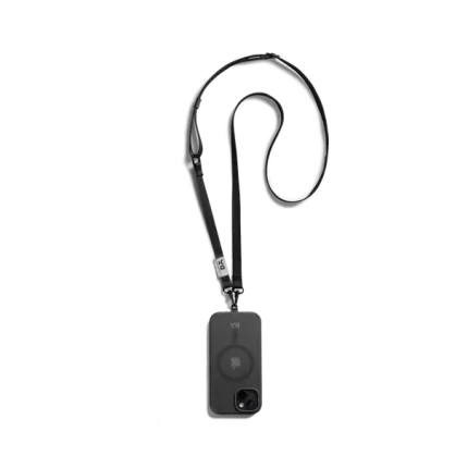Black Crossbody Phone Lanyard - Strap attached to a black phone case, shown hanging against a white background