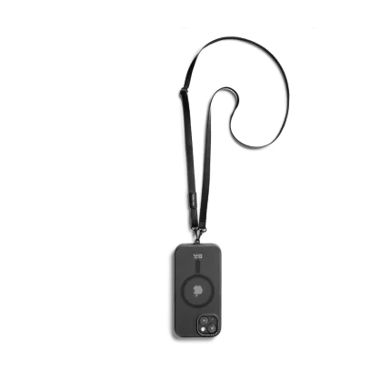Black Leatherite Crossbody Phone Lanyard - Strap attached to a black phone case, shown hanging against a white background