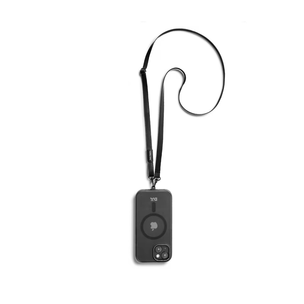 Black-Crossbody-Phone-Lanyard-Strap-vw Black Leatherite Crossbody Phone Lanyard - Strap attached to a black phone case, shown hanging against a white background