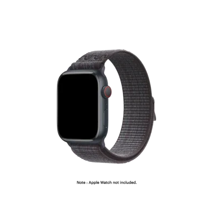 Black-Grey Sports Loop Apple Watch band fitted to an Apple Watch, shown on white — fits 42/44/45/46/49 mm cases, watch not included