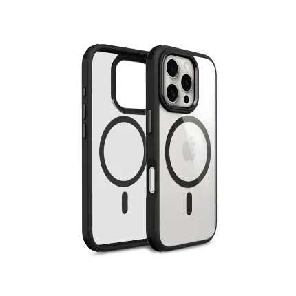 Black Armour MagSafe Phone Case Cover For iPhone 16 Pro shown front and back at an angle on white, with the MagSafe ring visible