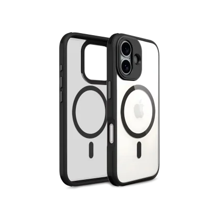 Black Armour MagSafe Phone Case Cover For iPhone 16 shown front and back at an angle on white, with the MagSafe ring visible