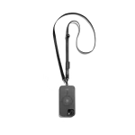 Black Leather Crossbody Phone Lanyard - Strap attached to a black phone case, shown hanging against a white background