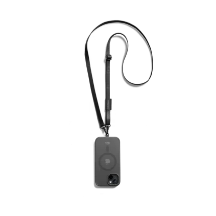 Black Leather Crossbody Phone Lanyard - Strap attached to a black phone case, shown hanging against a white background