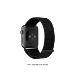 Black Nylon Apple Watch band fitted to an Apple Watch, shown on white — fits 42/44/45/49 mm cases, watch not included