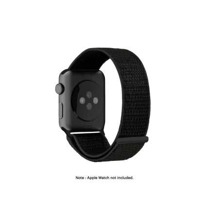 Black Nylon Apple Watch band fitted to an Apple Watch, shown on white — fits 38/40/41 mm cases, watch not included