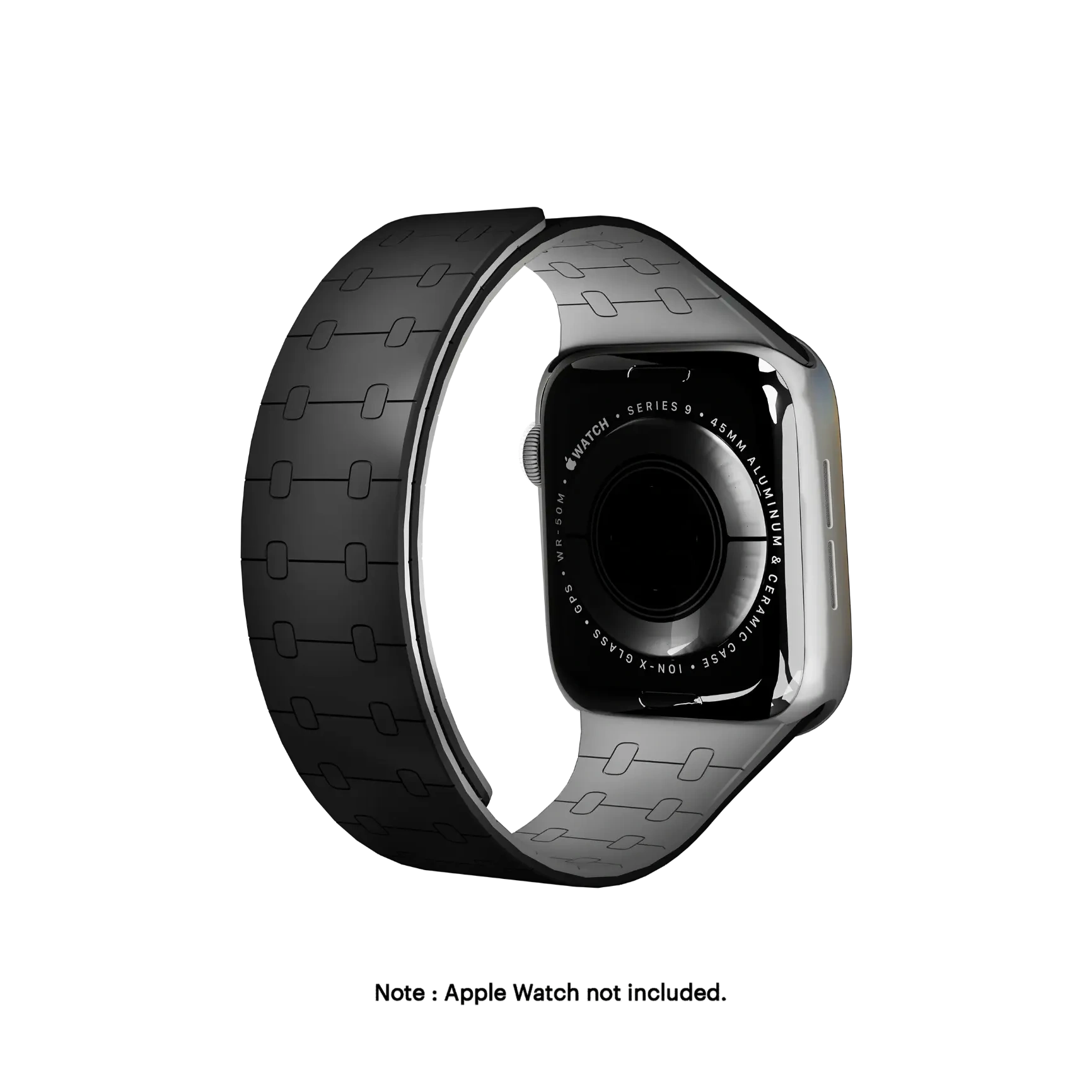 Black-Velour-Snap-On-Apple-WatchBand-vw Black Velour Snap On Apple Watch band fitted to an Apple Watch, shown on white — watch not included