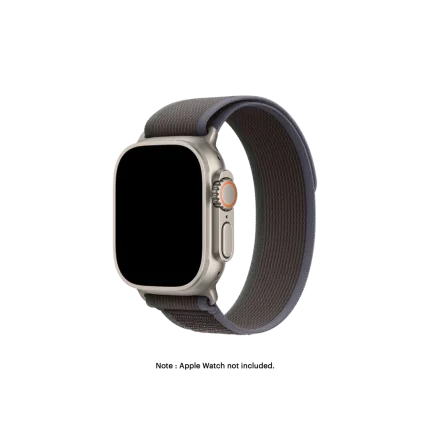 Blue-Black Pull Tab Nylon Weave Apple Watch band fitted to an Apple Watch, shown on white — fits 42/44/45/49 mm cases, watch not included