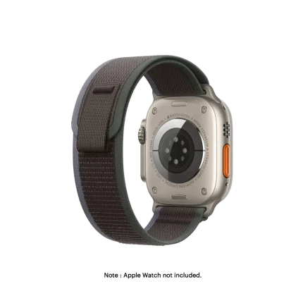 Blue-Black Pull Tab Nylon Weave Apple Watch band fitted to an Apple Watch, shown on white — watch not included