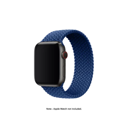 Blue Braided Solo Loop Apple Watch band fitted to an Apple Watch, shown on white — fits 42/44/45/49 mm cases, watch not included