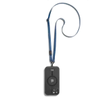 Blue Leatherite Crossbody Phone Lanyard - Strap attached to a black phone case, shown hanging against a white background
