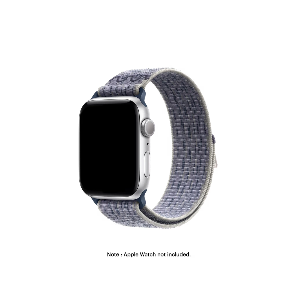 Blue-Light-Grey-Sports-Loop-Apple-WatchBand Blue-Light Grey Sports Loop Apple Watch band fitted to an Apple Watch, shown on white — watch not included