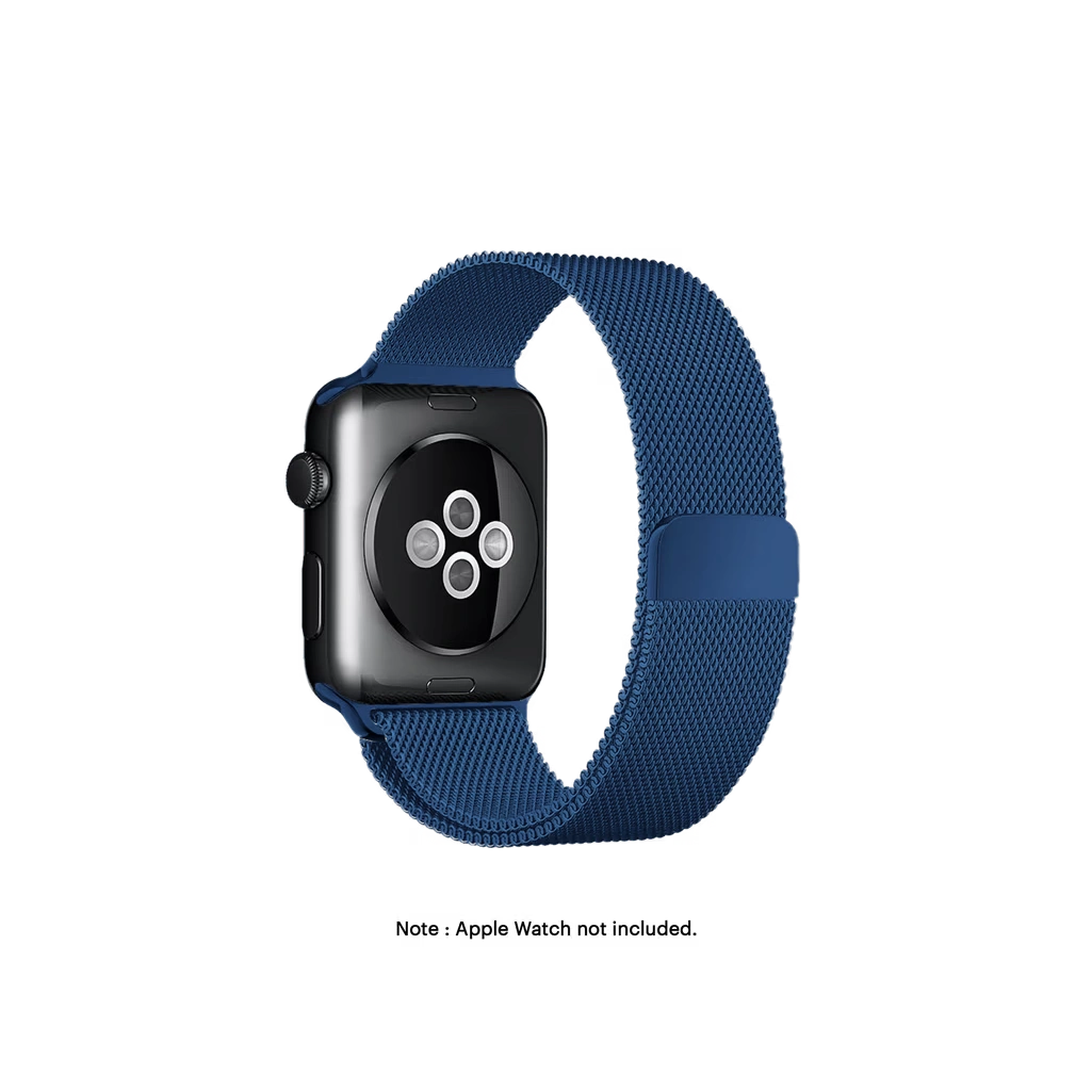 Blue-Magnetic-Milanese-Loop-Apple-WatchBand-vw Blue Magnetic Milanese Loop Apple Watch band fitted to an Apple Watch, shown on white — fits 38/40/41 mm cases, watch not included
