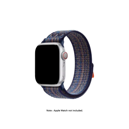 Blue-Orange Sports Loop Apple Watch band fitted to an Apple Watch, shown on white — watch not included