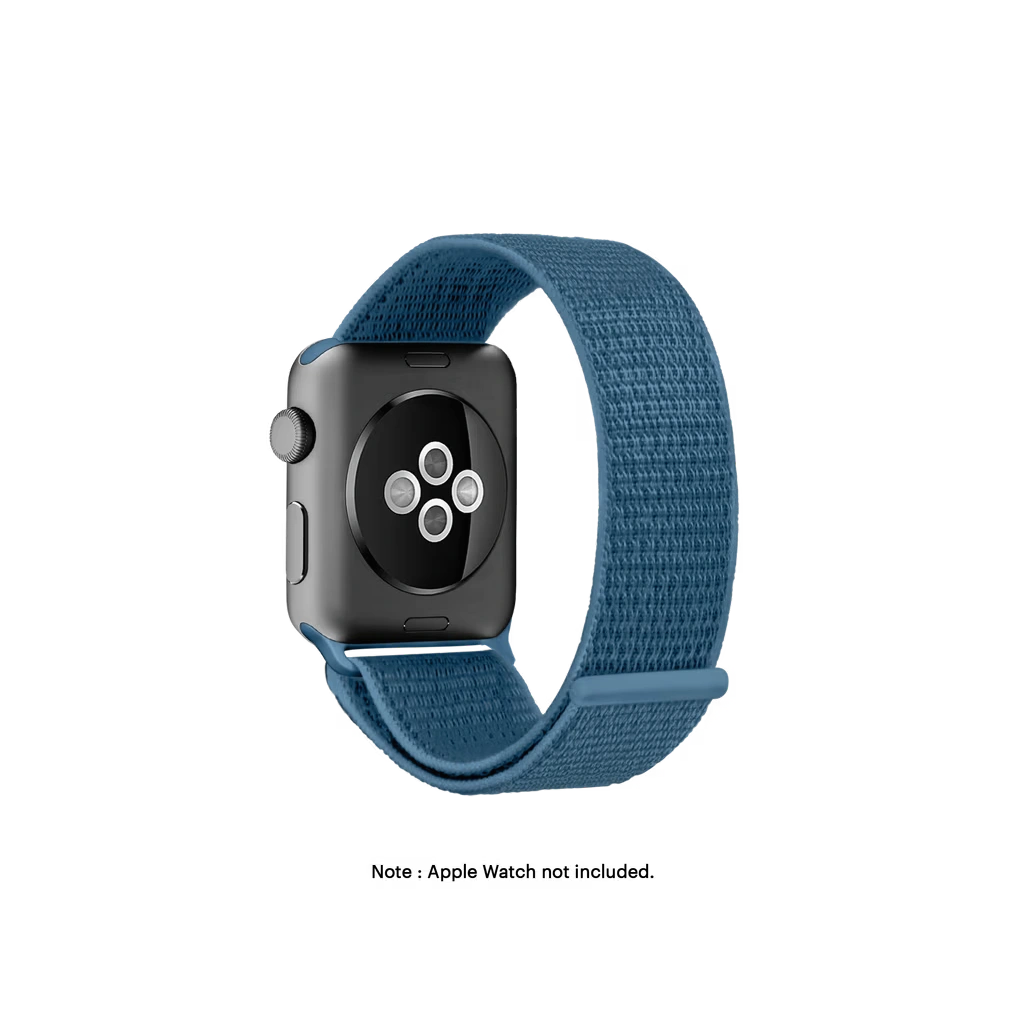 Cape-Cod-Blue-Nylon-Apple-WatchBand-38-40-vw Cape Cod Blue Nylon Apple Watch band fitted to an Apple Watch, shown on white — fits 38/40/41 mm cases, watch not included