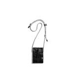 Carbon Black Kick Phone Pocket with its crossbody cord, shown hanging on white