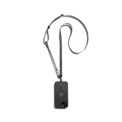 Charcoal-Grey Crossbody Phone Lanyard - Strap attached to a black phone case, shown hanging against a white background