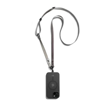 Charcoal-Grey Crossbody Phone Lanyard - Strap attached to a black phone case, shown hanging against a white background