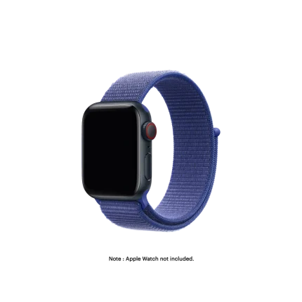 Cobalt Blue Nylon Loop Apple Watch band fitted to an Apple Watch, shown on white — fits 42/44/45/46/49 mm cases, watch not included