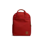 Crimson Red Field Daypack — canvas daypack with a top handle and leather logo patch, shown on white