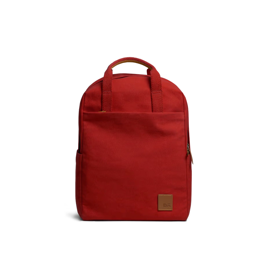 Crimson-Red-Field-Daypack-vw Crimson Red Field Daypack — canvas daypack with a top handle and leather logo patch, shown on white