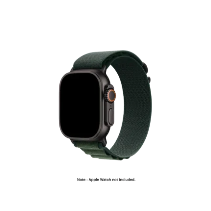 Dark Green Ridge Loop Apple Watch band fitted to an Apple Watch, shown on white — watch not included