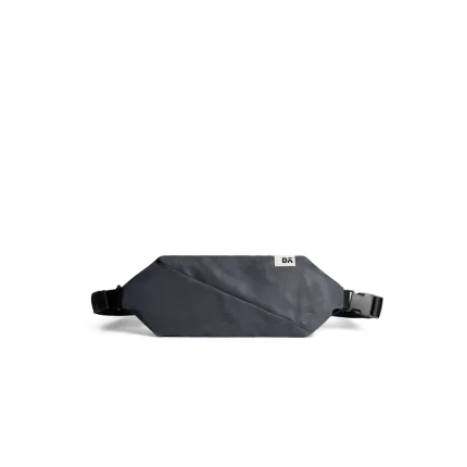 Dark Grey Flare Fanny Pack — slim belt bag with an adjustable webbing strap, shown on white