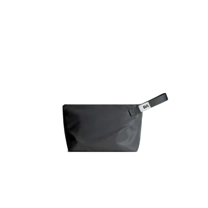 Dark Grey Flash Pouch Bag — small zip pouch with a leather pull, shown on white