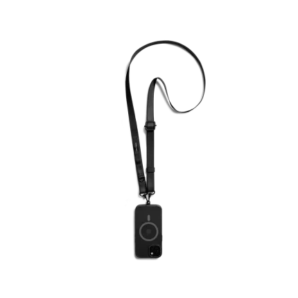 Dark Grey Strobe Lanyards attached to a black phone case, shown hanging against a white background
