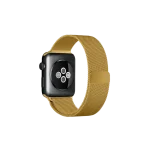 Gold Magnetic Milanese Loop Apple Watch band fitted to an Apple Watch, shown on white — fits 42/44/45/49 mm cases, watch not included