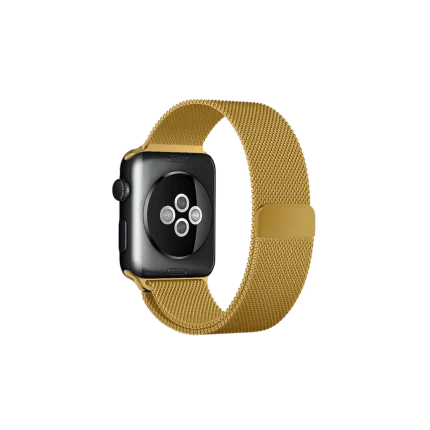 Gold Magnetic Milanese Loop Apple Watch band fitted to an Apple Watch, shown on white — fits 42/44/45/49 mm cases, watch not included