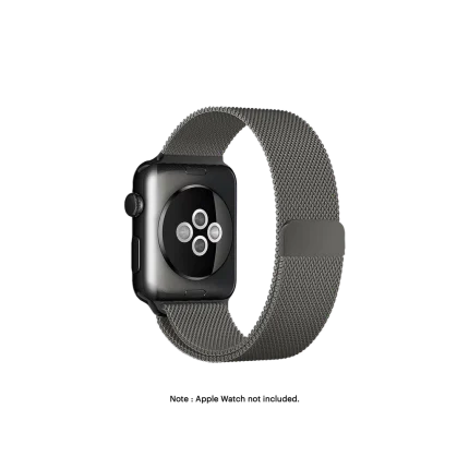 Graphite Magnetic Milanese Loop Apple Watch band fitted to an Apple Watch, shown on white — fits 38/40/41 mm cases, watch not included