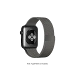 Graphite Magnetic Milanese Loop Apple Watch band fitted to an Apple Watch, shown on white — fits 42/44/45/49 mm cases, watch not included