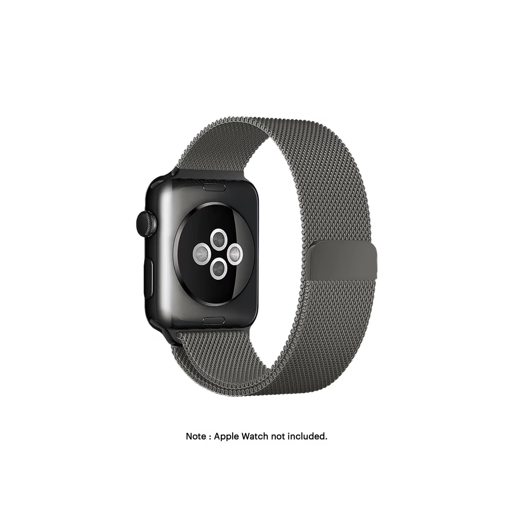 Graphite-Magnetic-Milanese-Loop-Apple-WatchBand-vw Graphite Magnetic Milanese Loop Apple Watch band fitted to an Apple Watch, shown on white — fits 42/44/45/49 mm cases, watch not included