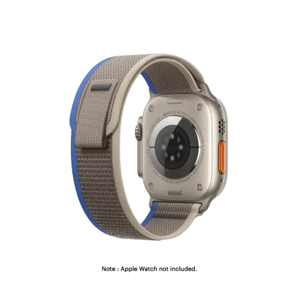 Gray-Ink Blue Pull Tab Nylon Weave Apple Watch band fitted to an Apple Watch, shown on white — watch not included