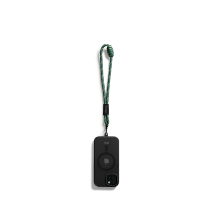 Green Wrist Lanyard - Cord attached to a black phone case, shown hanging against a white background