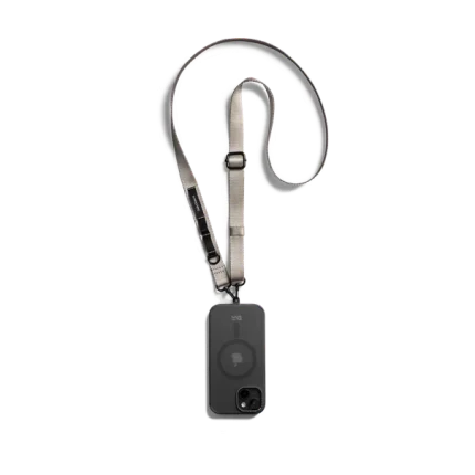 Grey Crossbody Utility Phone Lanyard - Strap attached to a black phone case, shown hanging against a white background