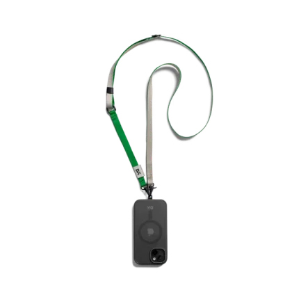 Grey-Green Crossbody Phone Lanyard - Strap attached to a black phone case, shown hanging against a white background