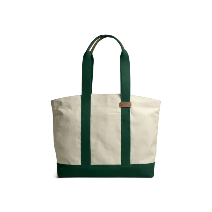 Ivory-Forest Green Field Tote Bag — canvas tote with contrast webbing handles, shown on white