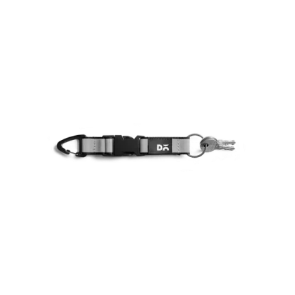 Light Grey Flint Keychain laid flat on white — webbing strap with a metal clip and D-ring