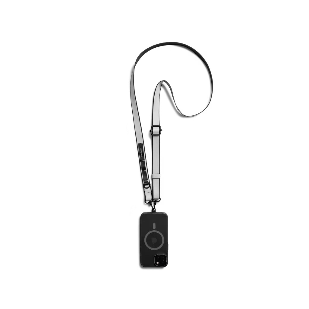 Light-Grey-Strobe-Lanyards Light Grey Strobe Lanyards attached to a black phone case, shown hanging against a white background
