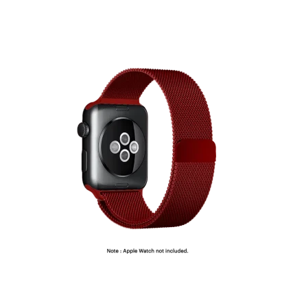 Red Magnetic Milanese Loop Apple Watch band fitted to an Apple Watch, shown on white — fits 42/44/45/49 mm cases, watch not included