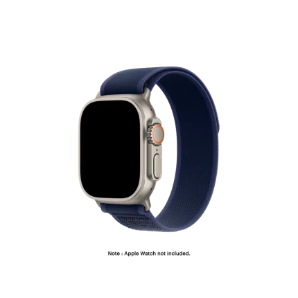 Midnight Blue Pull Tab Nylon Weave Apple Watch band fitted to an Apple Watch, shown on white — watch not included