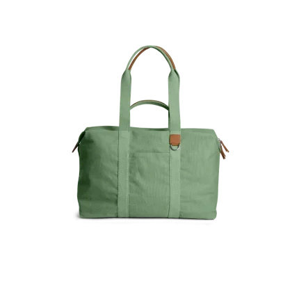 Mint Green Field Duffle Bag — canvas duffle with leather trim and twin handles, shown on white