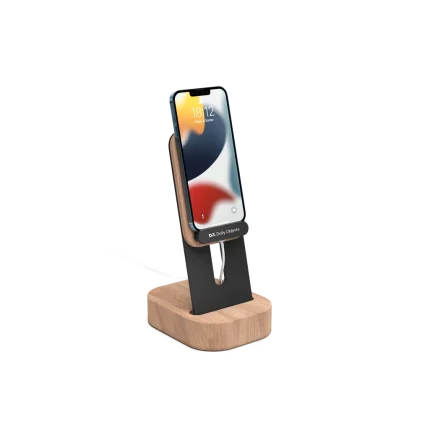 Mount Adjustable Phone Stand with a black arm and wood base holding a phone upright